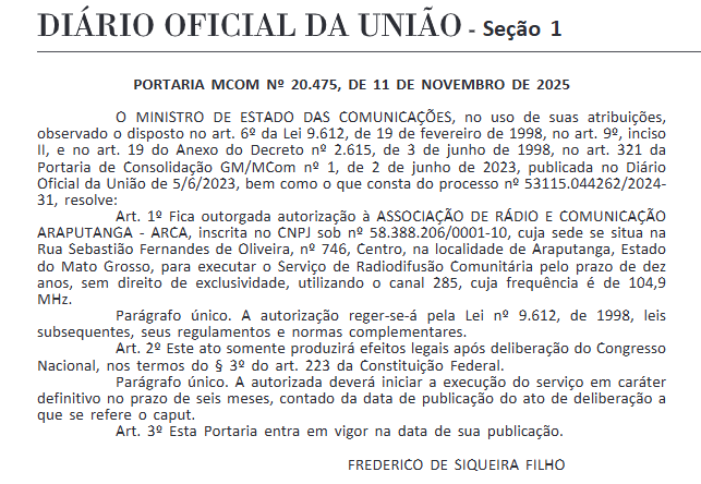 Ministério das Comunicações autoriza implantação da Rádio Viva FM 104.9 em Araputanga 1 capture 20251220 000007 Página Press