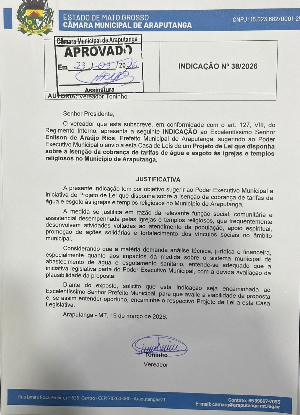 Vereador Toninho propõe isenção de tarifa de água e esgoto para igrejas em Araputanga 1 WhatsApp Image 2026 03 24 at 06.57.33 Página Press