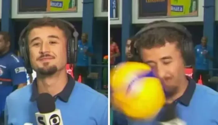 Repórter da Sportv leva bolada ao vivo durante transmissão da Superliga - Foto: Reprodução | Globoplay